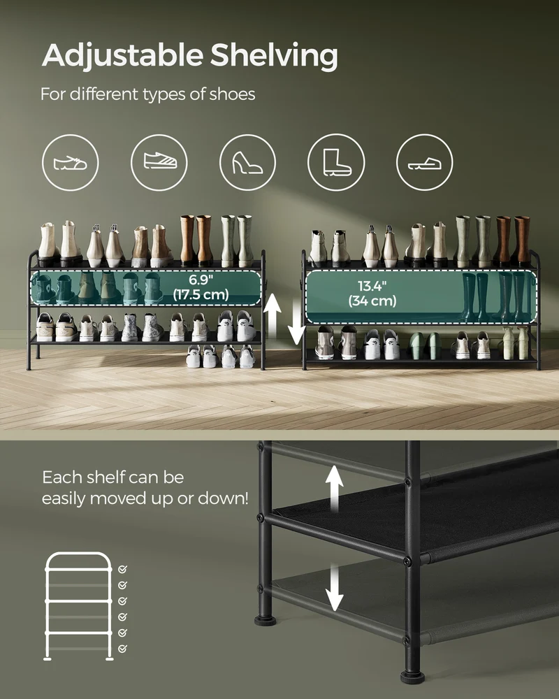 Shoe Rack, 3 Tier Shoe Organizer, Fabric Shoe Shelf Storage with 4 Hooks, Holds up to 18 Pairs of Shoes