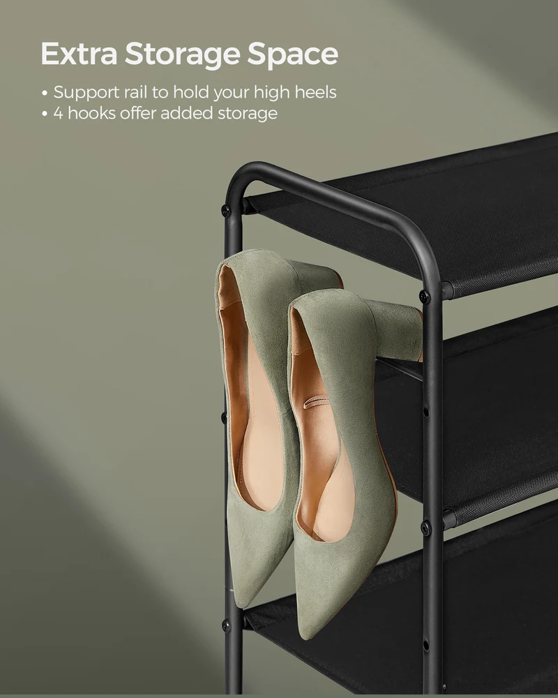 Shoe Rack, 3 Tier Shoe Organizer, Fabric Shoe Shelf Storage with 4 Hooks, Holds up to 18 Pairs of Shoes