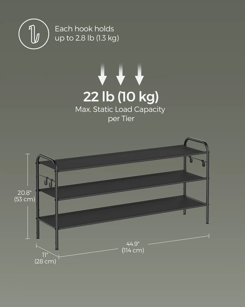 Shoe Rack, 3 Tier Shoe Organizer, Fabric Shoe Shelf Storage with 4 Hooks, Holds up to 18 Pairs of Shoes