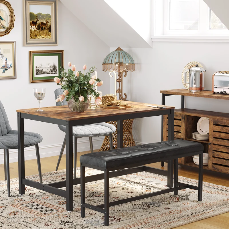 VASAGLE Dining Table Bench, Ottoman Bench with PU Leather Padded Seat, Steel Frame, 42.5 x 12.8 x 18.9 Inches, for Dining Room, Living Room, Hallway, Bedroom, Black