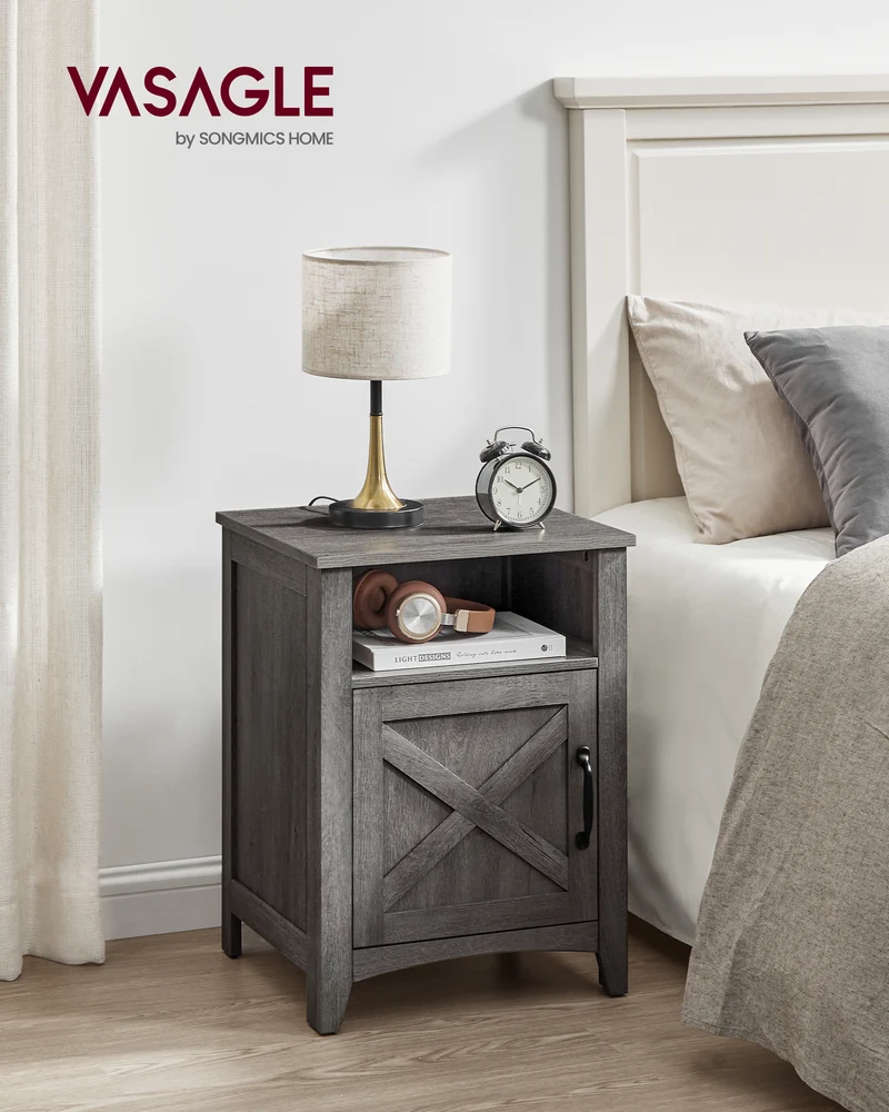 VASAGLE Farmhouse Nightstand with Barn Door, Bedside Table with Storage, Side End Table, Night Stand with Open Compartment Misty Gray