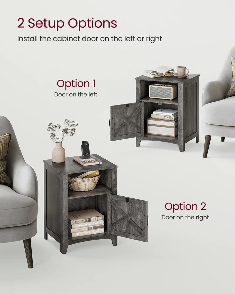 VASAGLE Farmhouse Nightstand with Barn Door, Bedside Table with Storage, Side End Table, Night Stand with Open Compartment Misty Gray