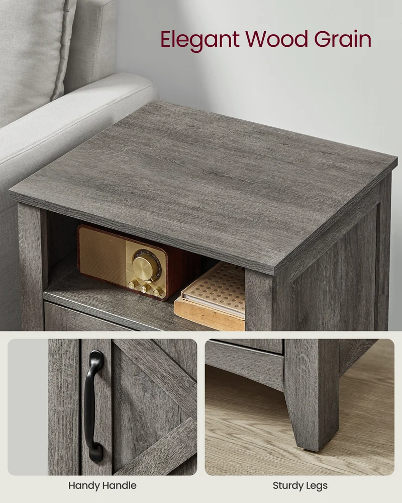 VASAGLE Farmhouse Nightstand with Barn Door, Bedside Table with Storage, Side End Table, Night Stand with Open Compartment Misty Gray