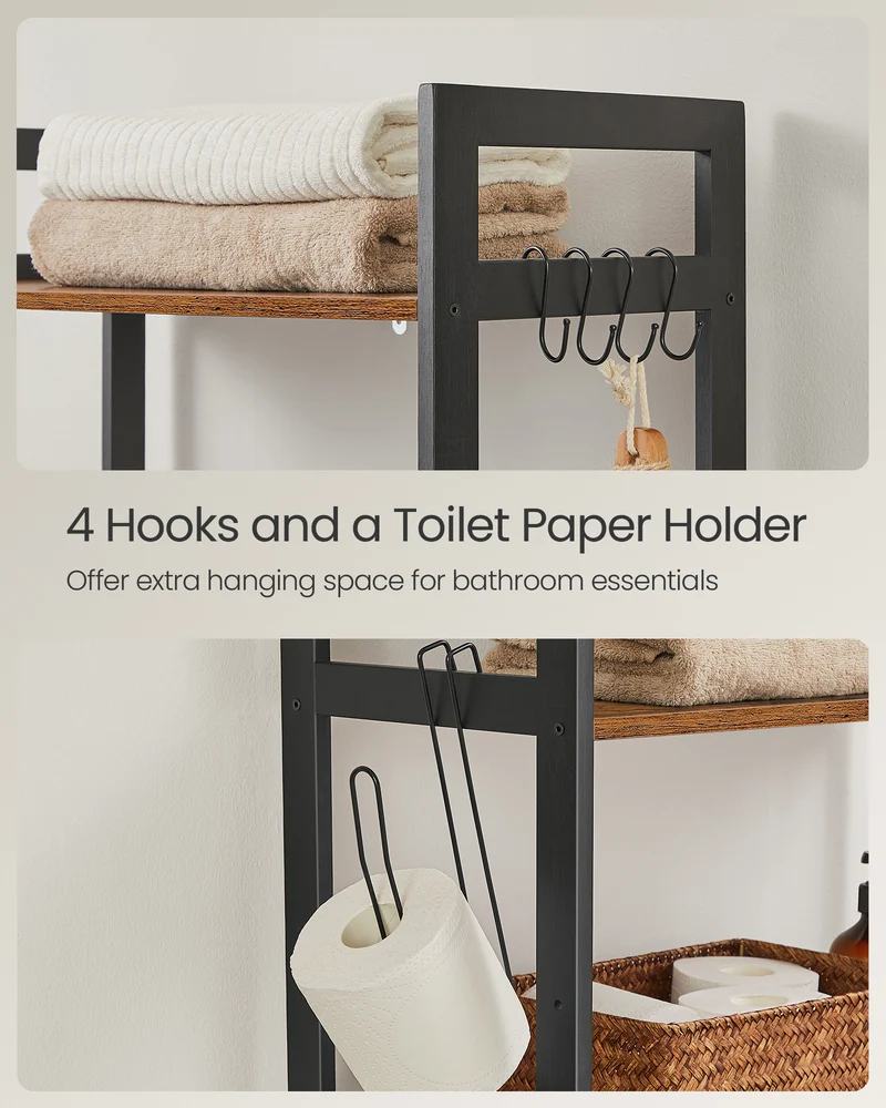 SONGMICS Over-The-Toilet Storage, 3-Tier Bathroom Organizer Over Toilet with Adjustable Shelves,Toilet Paper Holder, Rustic Brown and Ink Black