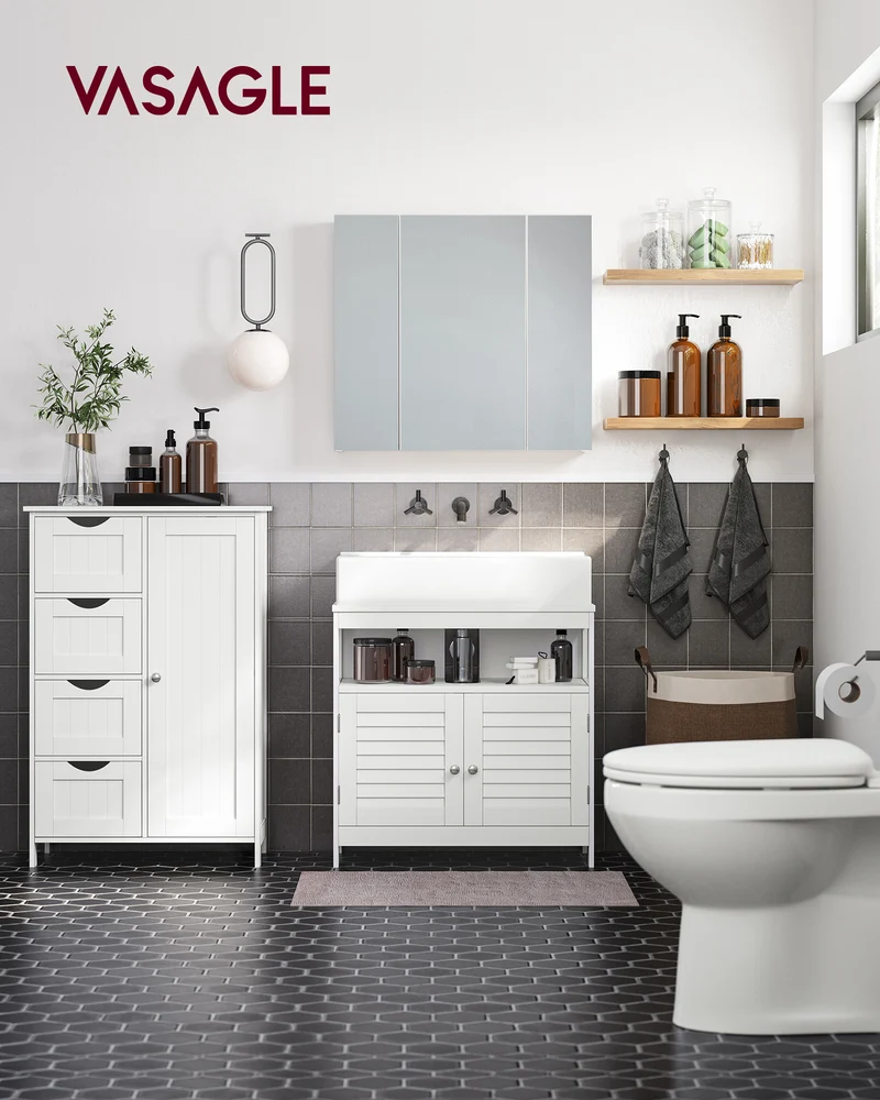 VASAGLE Storage Cabinet with Drawers, Freestanding Floor Cabinet with Door, 11.8 x 21.7 x 32.3 Inches, Adjustable Shelf, for Bathroom, Cloud White