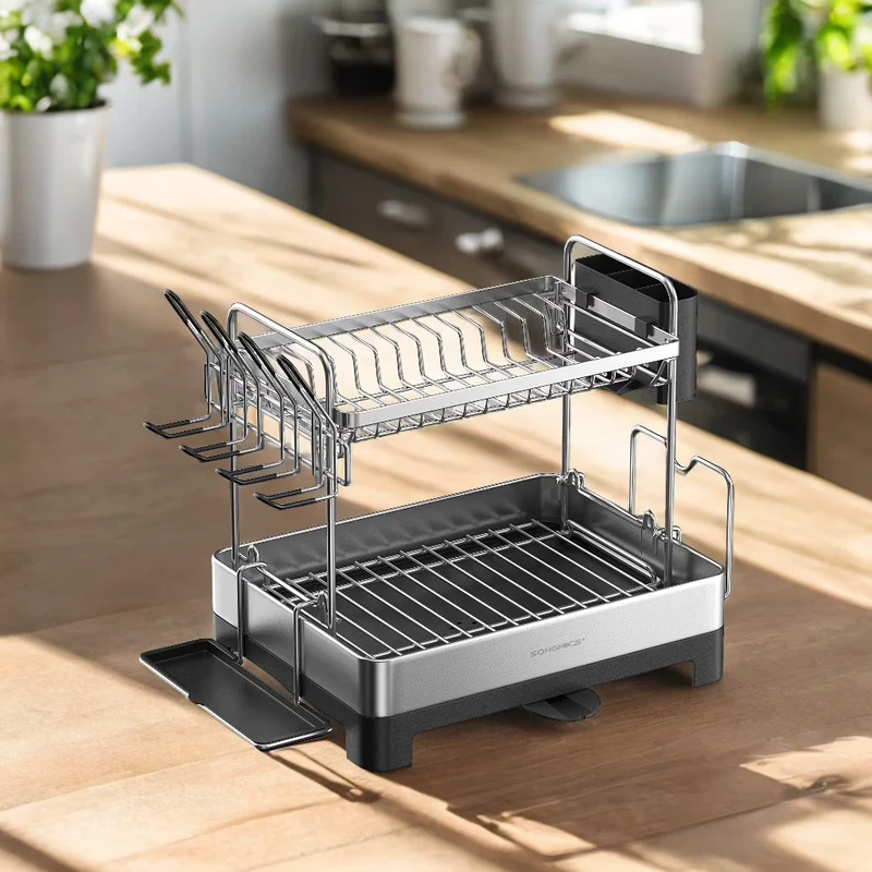 2 Tier Dish Drying Rack with Rotatable Drain Spout - Kitchen Counter Dish Rack with Extendable Drain Spout, Dish Drainer