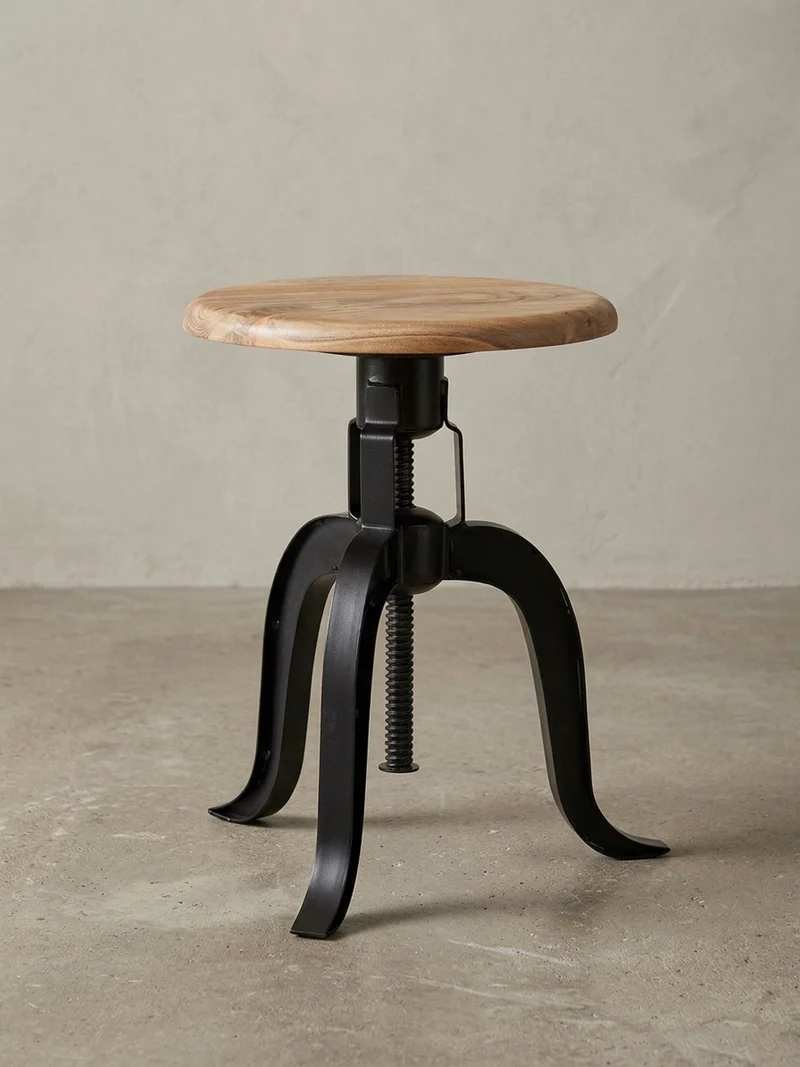 Drehhocker – Akazie Massivholz/Eisen, höhenverstellbar, Industrial-Stil