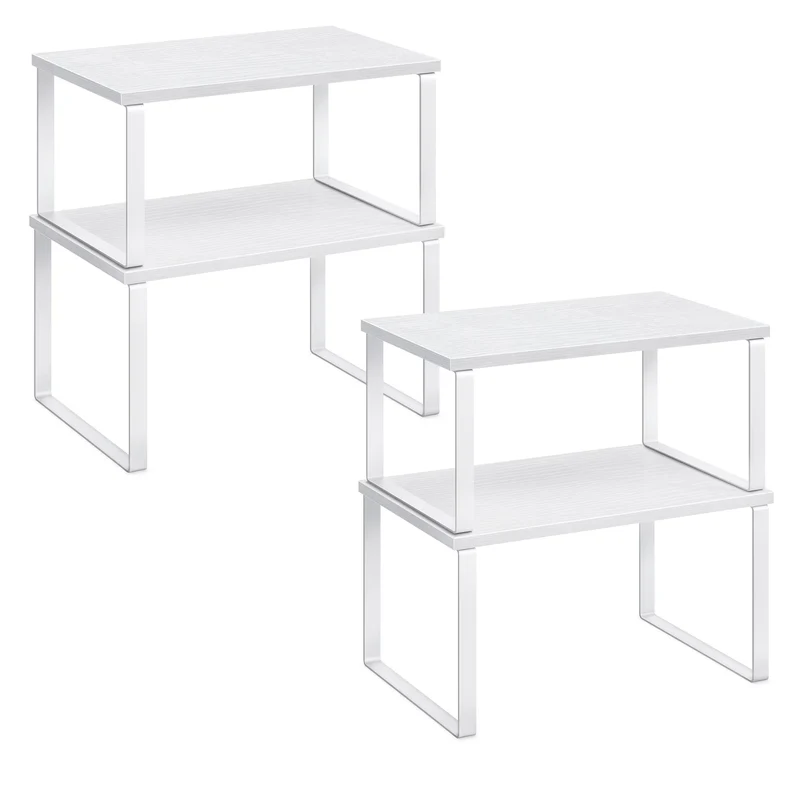 SONGMICS Cabinet Organizer Shelf, Set of 4 Kitchen Counter Shelves, Kitchen Storage, Spice Rack, Stackable, Expandable, Metal and Engineered Wood, Cloud White and Snow White
