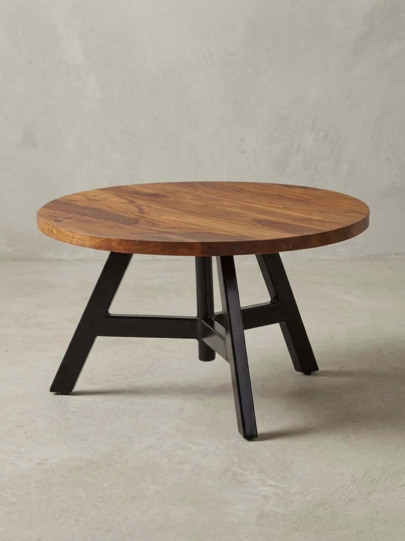 Couchtisch aus Sheesham Massivholz mit Metallgestell, Maße 60x60x35 cm
