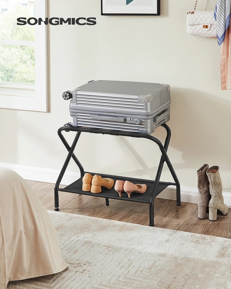 Luggage Rack with Fabric Storage Shelf Suitcasa Stand for Guest Room Bedroom Holds up to 110 lb Black