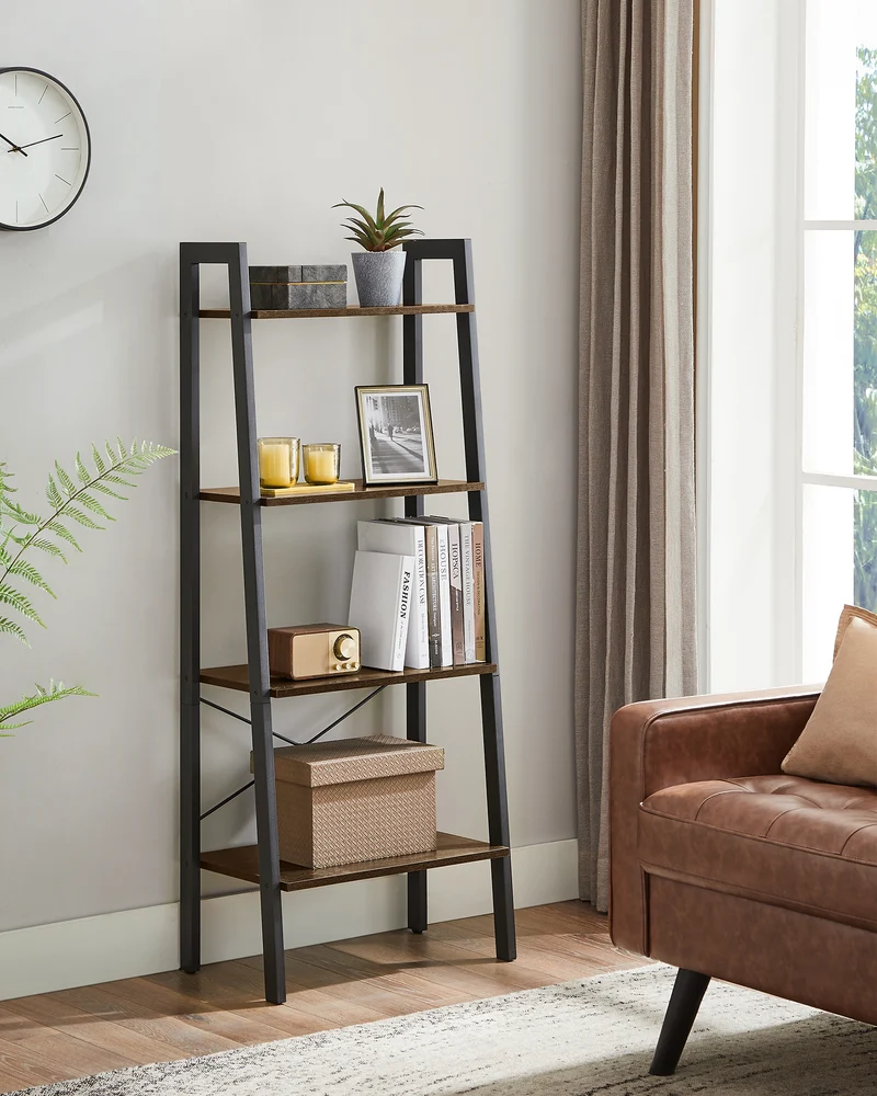 VASAGLE 4-Tier Ladder Shelf Wall Ladder Bookshelf Bookcase Furniture Storage Rack Shelves, Dark Brown and Black