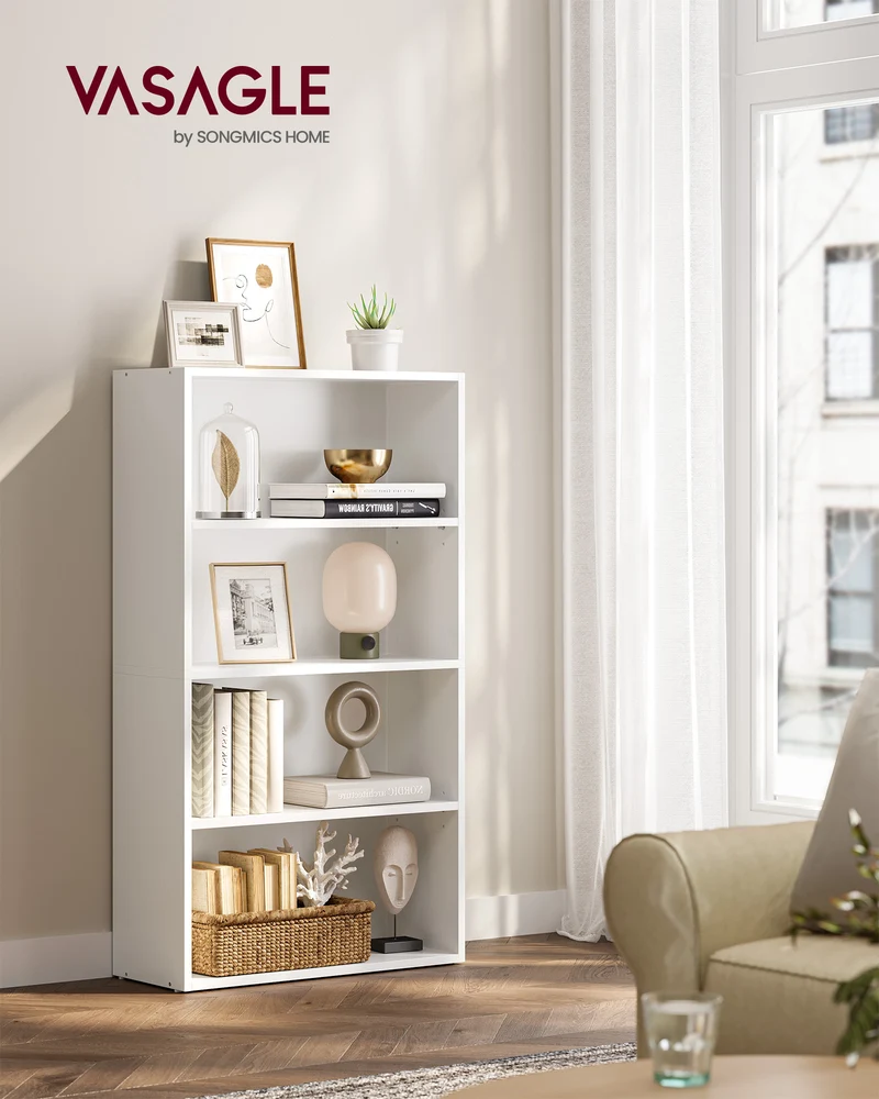 White 4-Tier Open Bookshelf, Adjustable Storage Shelves, Floor Standing Unit for Modern Home Organization