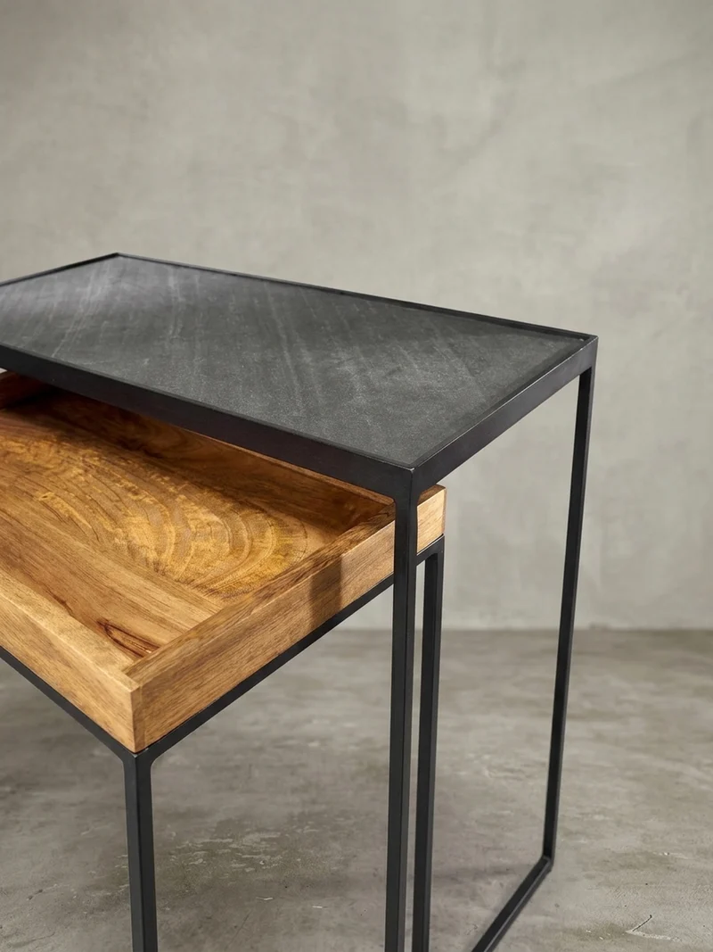 Beistelltisch Set – Mango Massivholz Eisen Anthrazit Braun Industrial