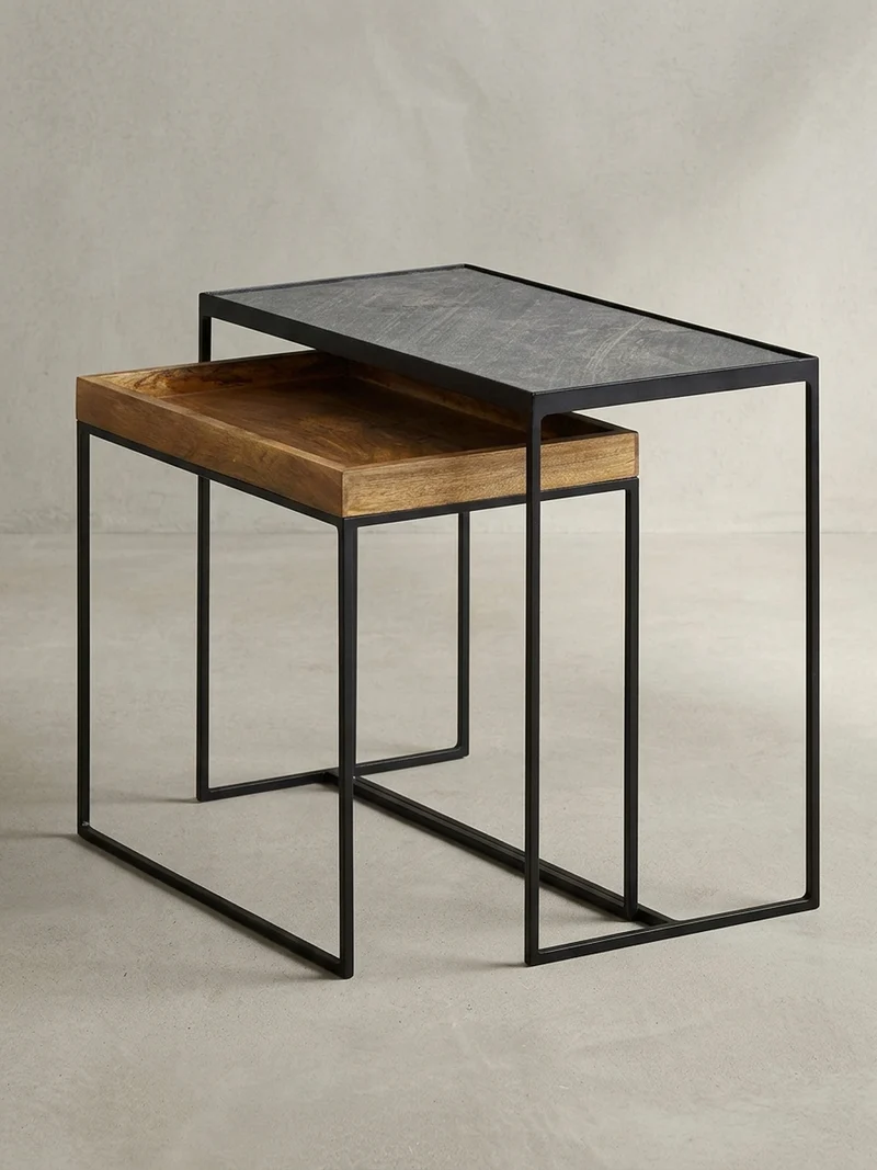 Beistelltisch Set – Mango Massivholz Eisen Anthrazit Braun Industrial