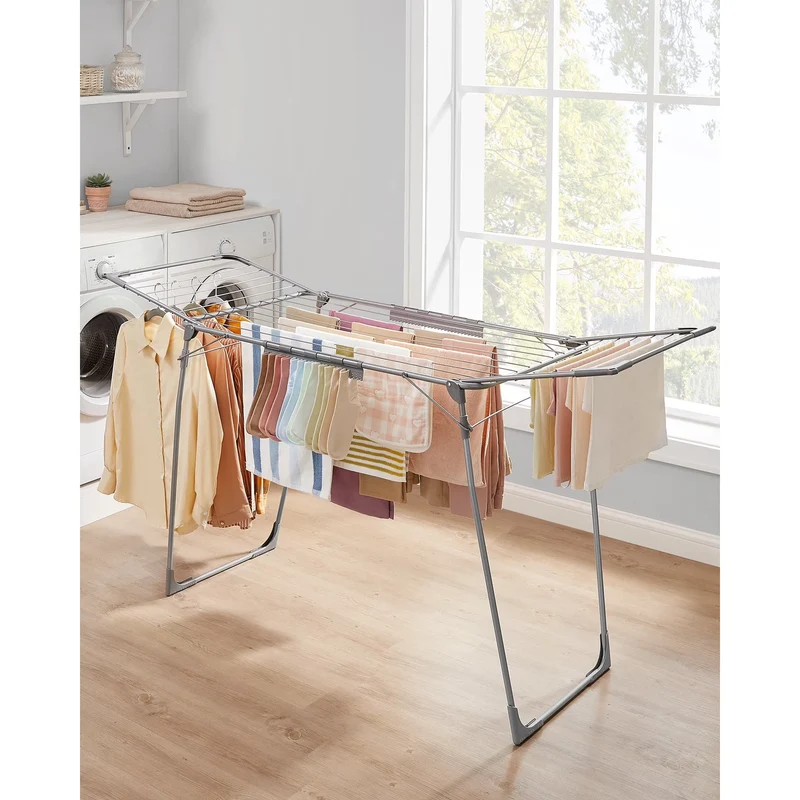 Foldable Gullwing Metal Structure Laundry Drying Rack, Space-Saving Clothes Drying Rack, 22.2 x 68.1 x 38 Inches, with Sock Clips Gray