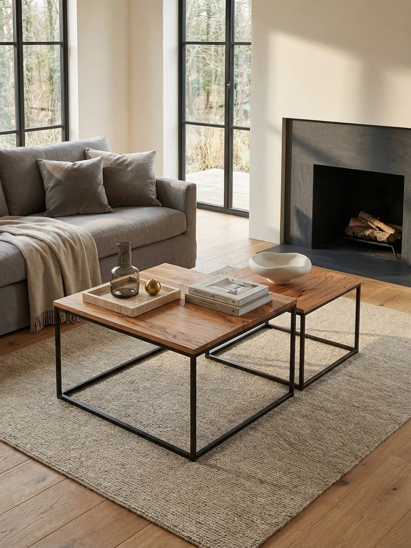 Wohnzimmertisch Set – Holz Metall quadratisch 2-teilig Industrie-Stil