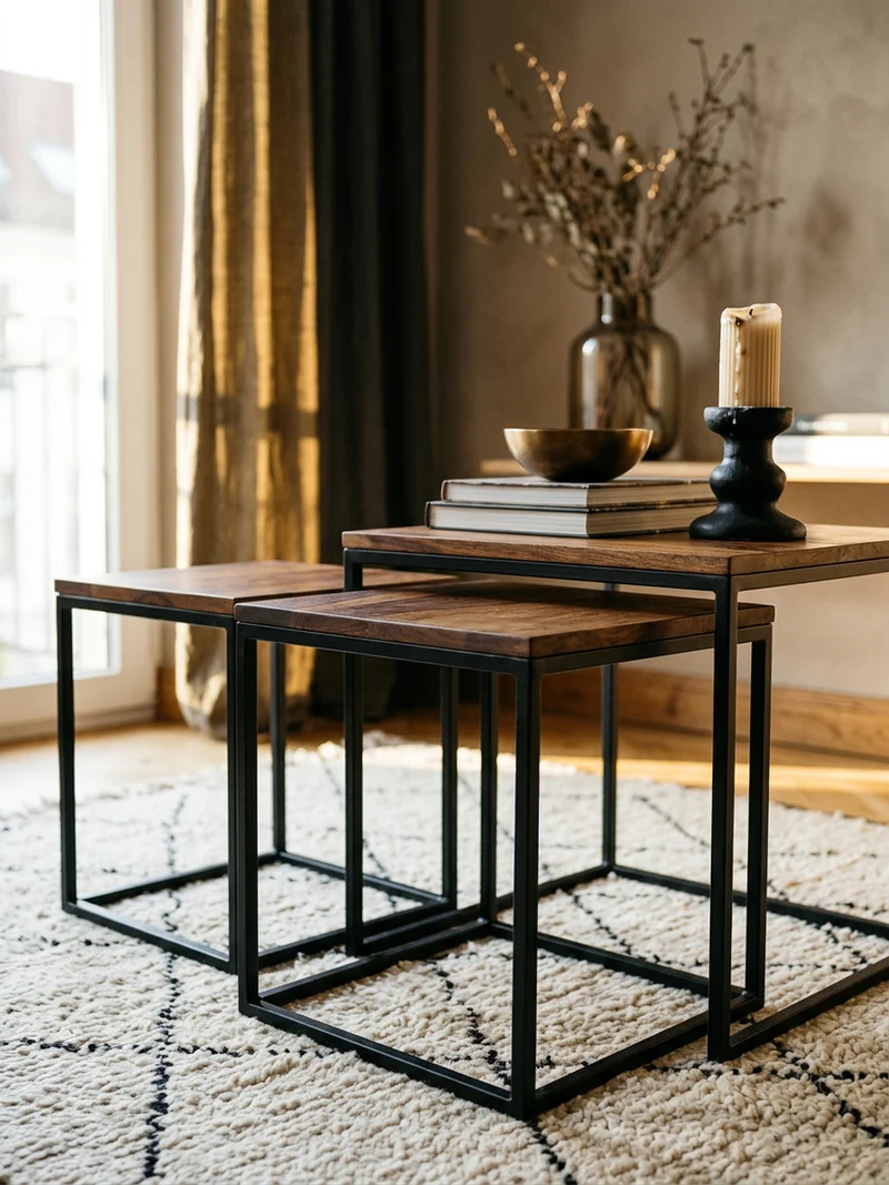 Beistelltisch Set – Massivholz Metall Braun Schwarz quadratisch 3 Größen
