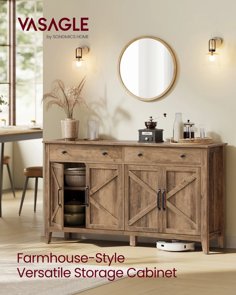 Farmhouse Style Honey Brown Kitchen Storage Cabinet with 2 Drawers and Adjustable Shelves, Perfect for Coffee Bar Setup