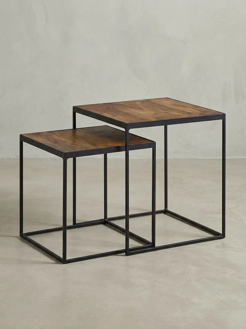 Beistelltisch Set – 2-teilig Mango Massivholz Metall Braun Schwarz Industrial