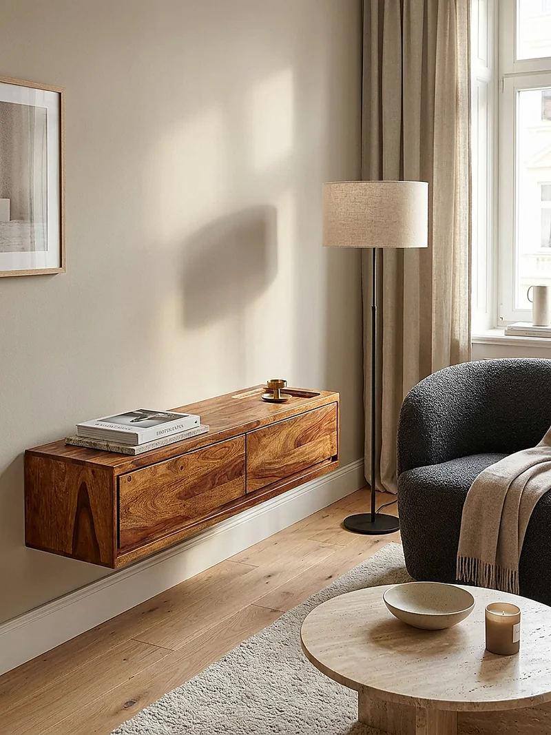 Lowboard Hängend Massivholz Modern Stil mit 2 Schubladen