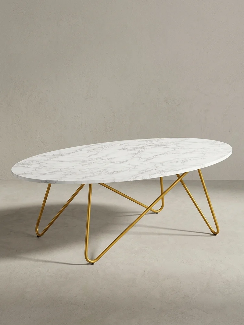 Couchtisch Oval in Marmor-Optik mit goldfarbenem Gestell, Maße 120x40x60 cm