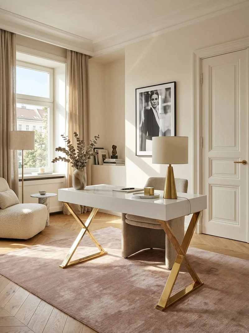 Schreibtisch – Weiß Hochglanz, goldene Beine, 2 Schubladen, modern