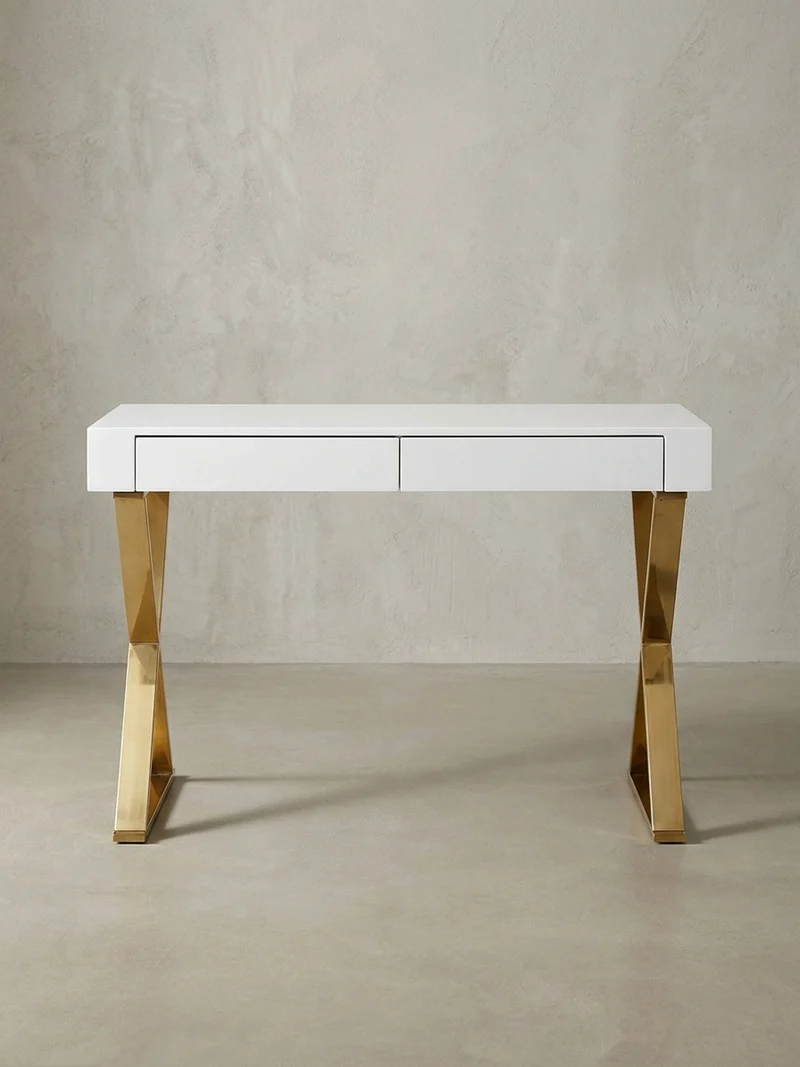 Schreibtisch – Weiß Hochglanz, goldene Beine, 2 Schubladen, modern