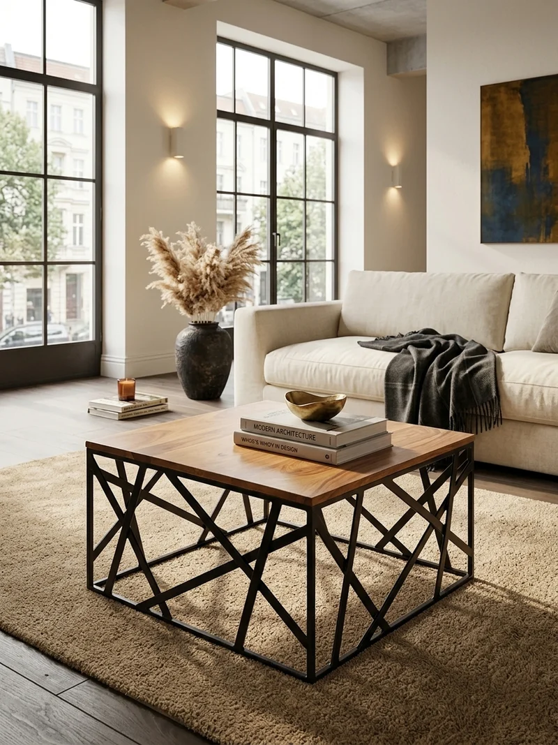 Couchtisch Industrial Stil, Sheesham Holz, Schwarzes Metallgestell, 60x60 cm