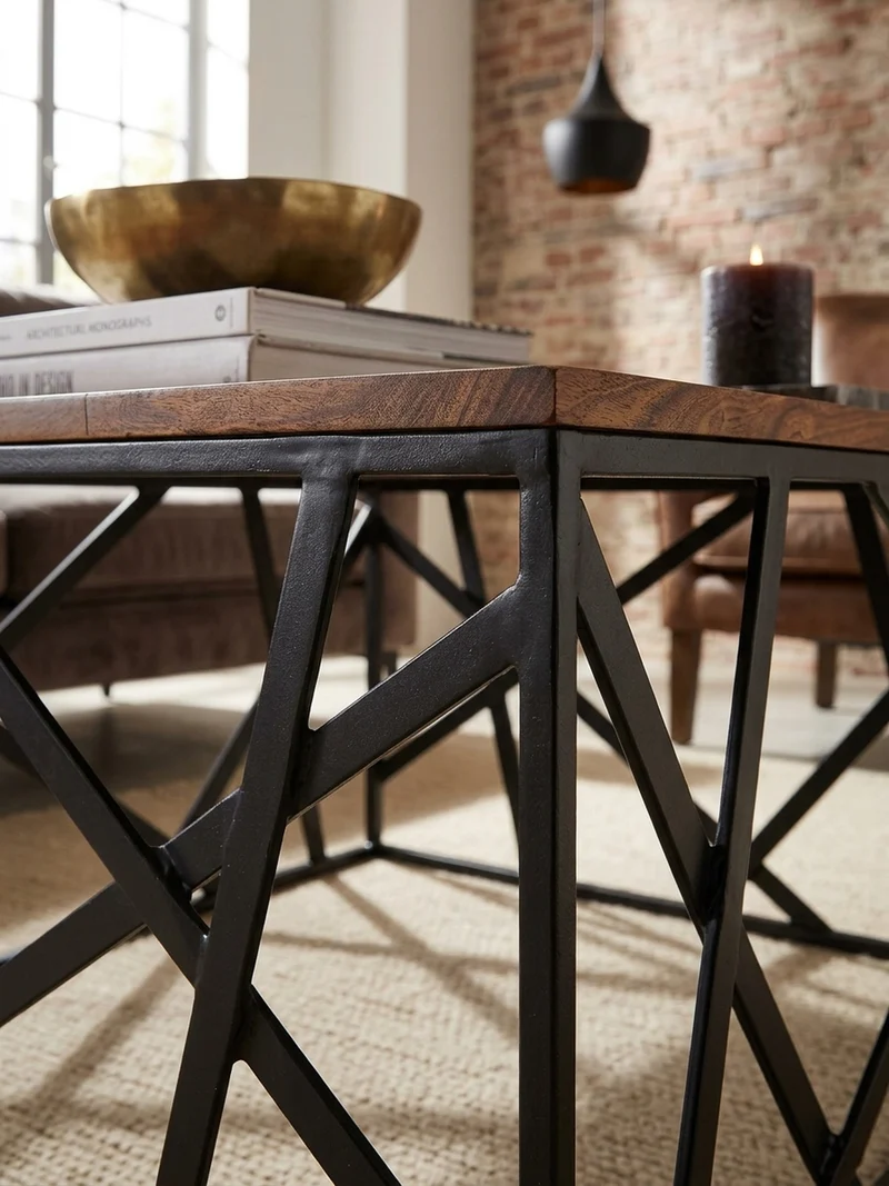 Couchtisch Industrial Stil, Sheesham Holz, Schwarzes Metallgestell, 60x60 cm