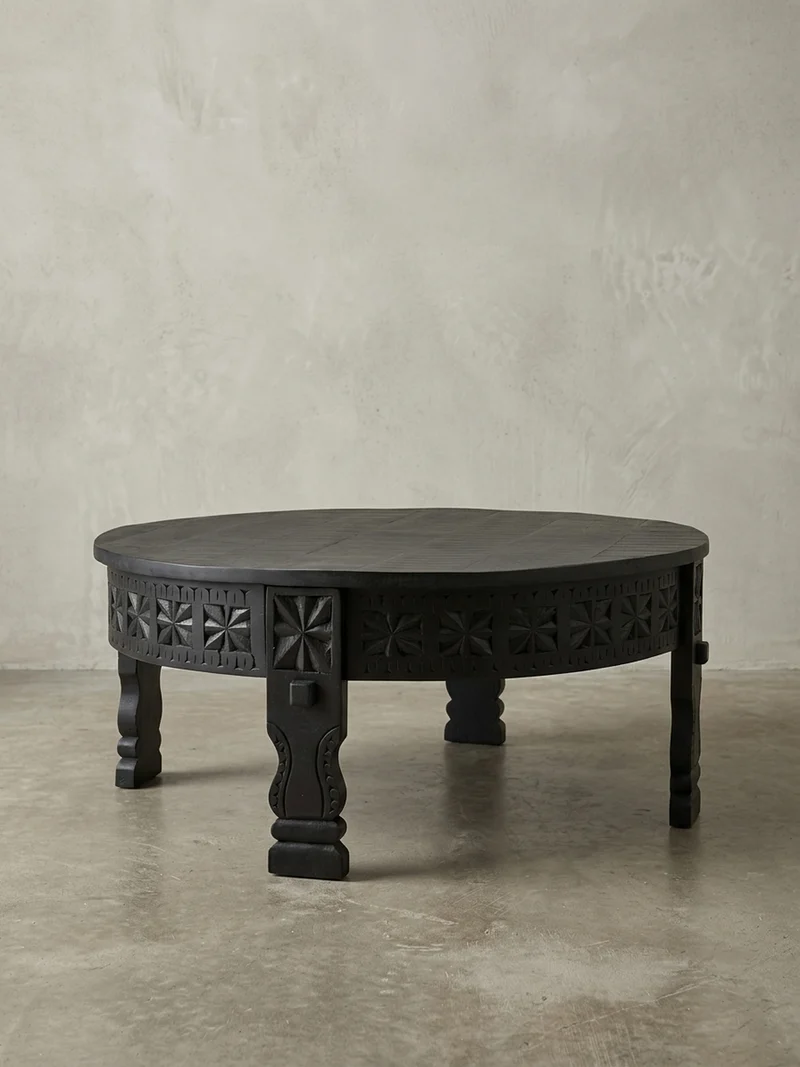 Couchtisch Massivholz Schwarz Lackiert, Orientalisches Design, Handgefertigt