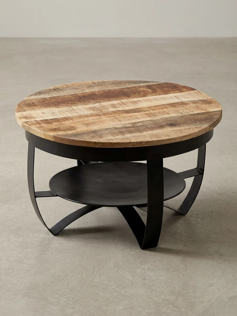 Couchtisch in Braun/Schwarz, Industrieller Stil, aus Recyceltem Mango-Massivholz