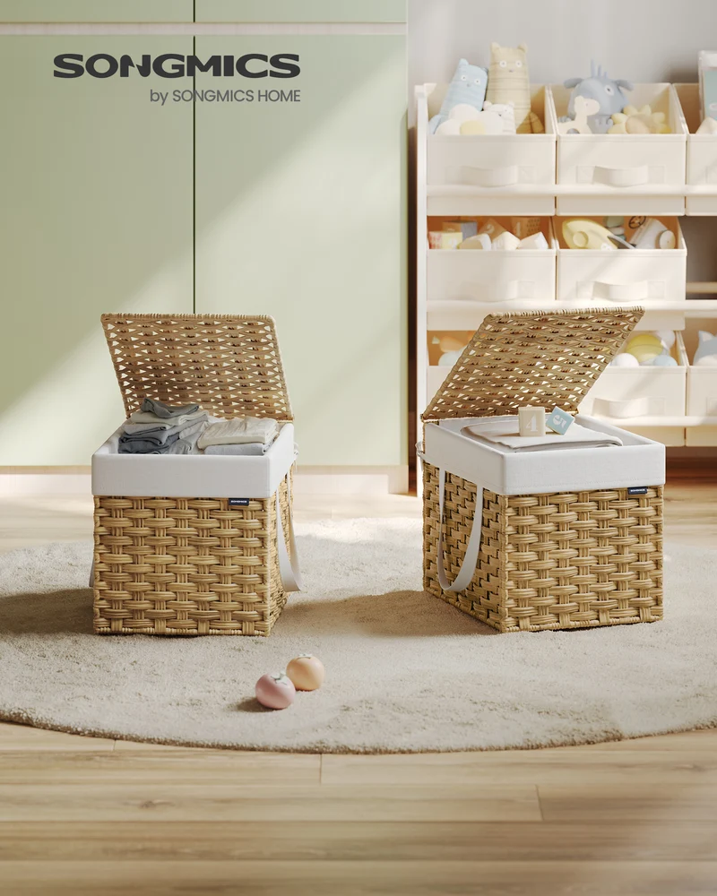 Foldable Laundry Hamper with Lid and Removable Liner, 9.5 Gallon Synthetic Rattan Basket for Small Spaces, Goose Yellow