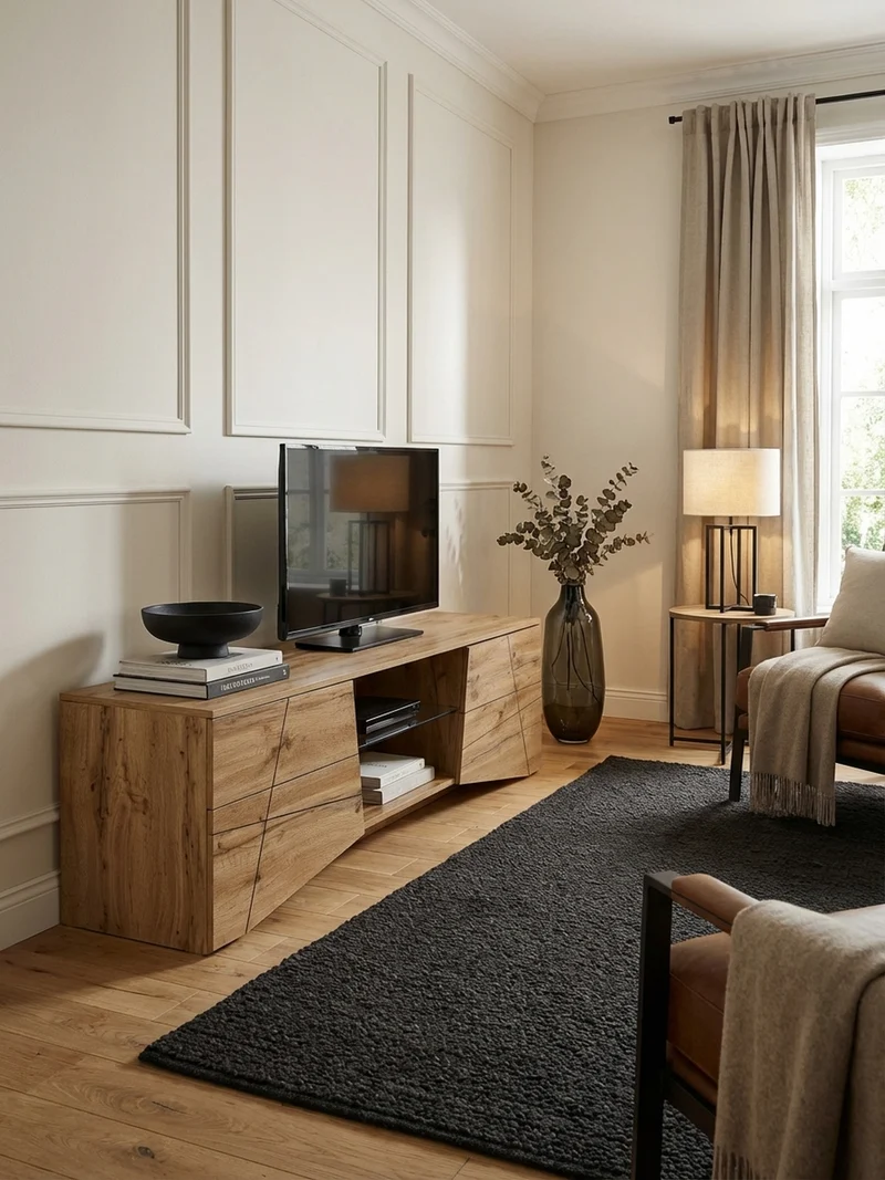 Lowboard Eiche-Dekor Modern Stil für 70-Zoll Fernseher mit Glasablage