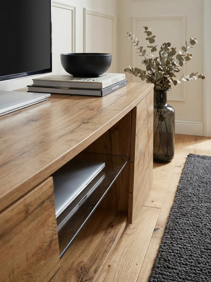 Lowboard Eiche-Dekor Modern Stil für 70-Zoll Fernseher mit Glasablage