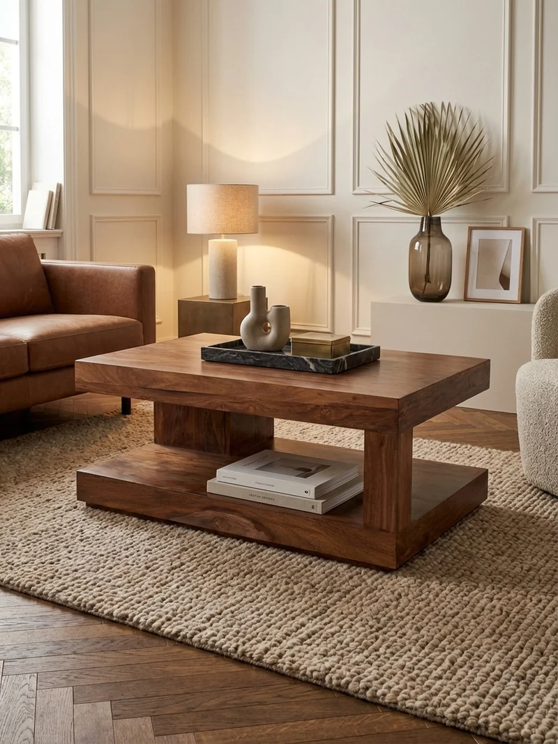 Couchtisch Sheesham Massivholz, 90x60 cm, Einzigartige Maserung, 30 kg Belastbarkeit