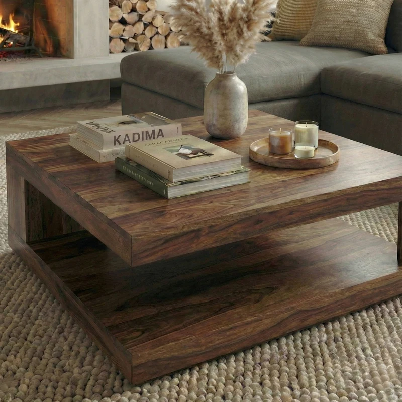 Couchtisch Sheesham Massivholz, Quadratisch, Maße 90x90 cm, Einzigartiges Unikat