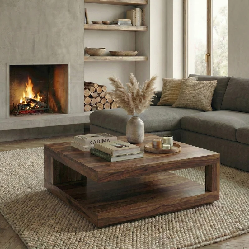 Couchtisch Sheesham Massivholz, Quadratisch, Maße 90x90 cm, Einzigartiges Unikat