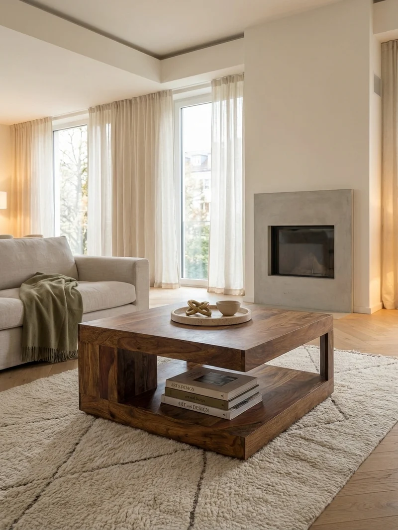 Couchtisch Sheesham Massivholz, Quadratisch, Maße 90x90 cm, Einzigartiges Unikat