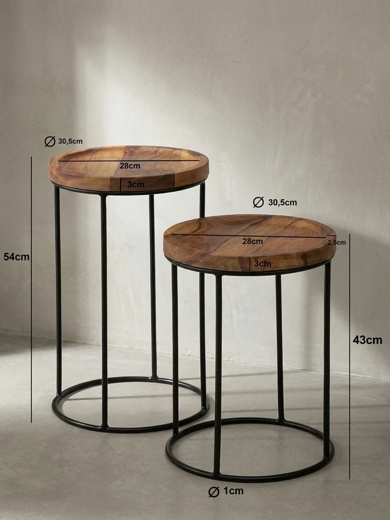 Beistelltisch Set – Massivholz Metall Braun Schwarz 2-teilig Industrial
