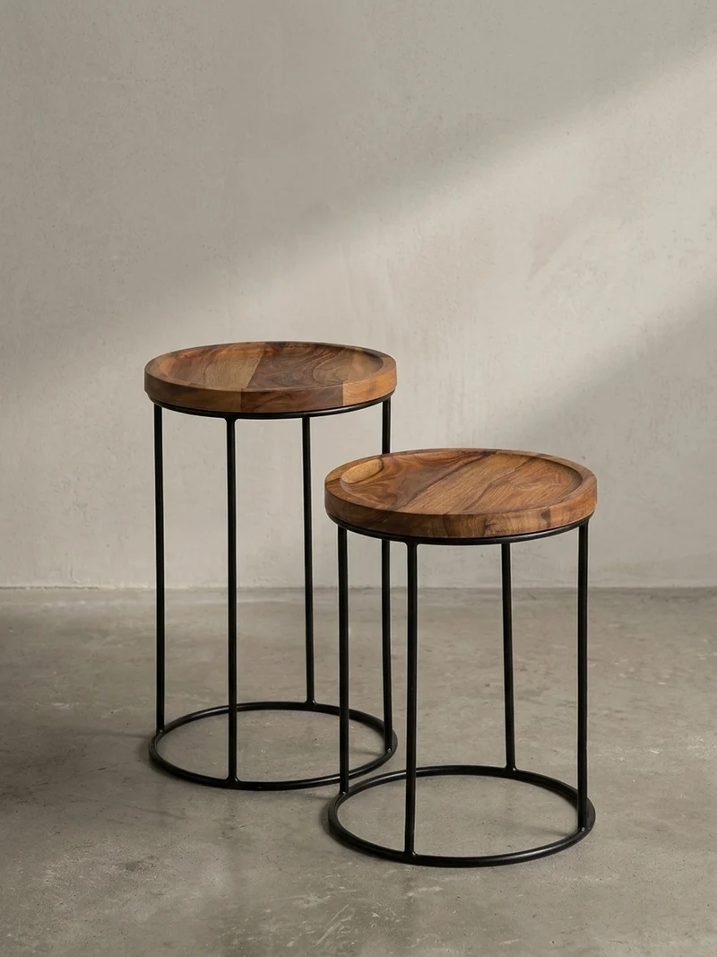Beistelltisch Set – Massivholz Metall Braun Schwarz 2-teilig Industrial