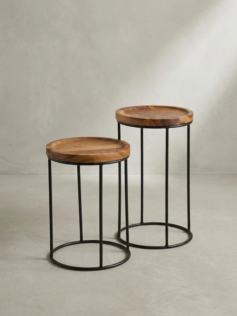 Beistelltisch Set – Massivholz Metall Braun Schwarz 2-teilig Industrial