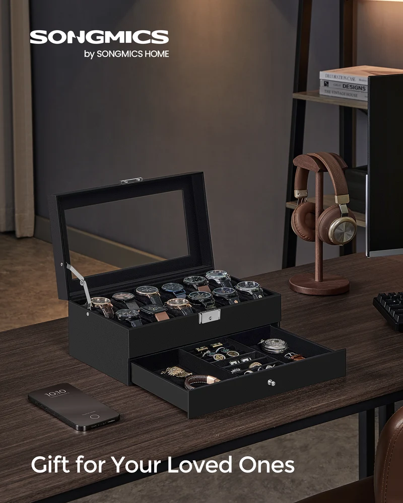 Elegant 12-Slot Watch Box, Lockable Case with Glass Lid, 2 Layers, 1 Drawer for Rings, Bracelets - Gift Idea in Black Synthetic Leather