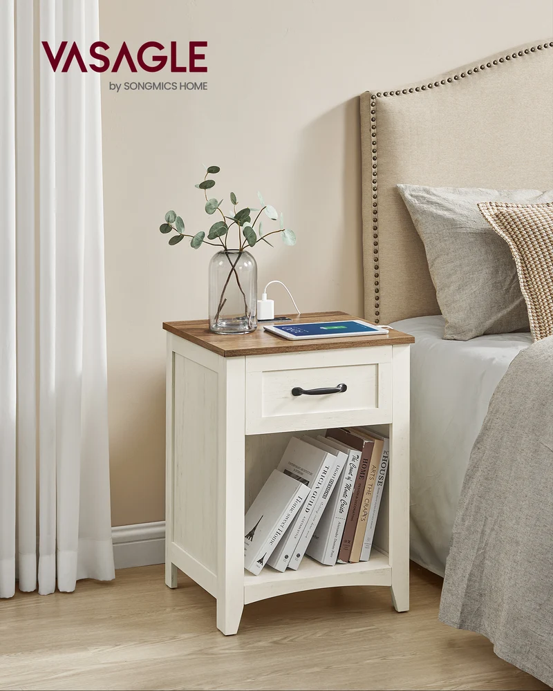 Rustic Farmhouse Nightstand with Charging Station - Versatile Storage Solution for Bedroom and Living Room