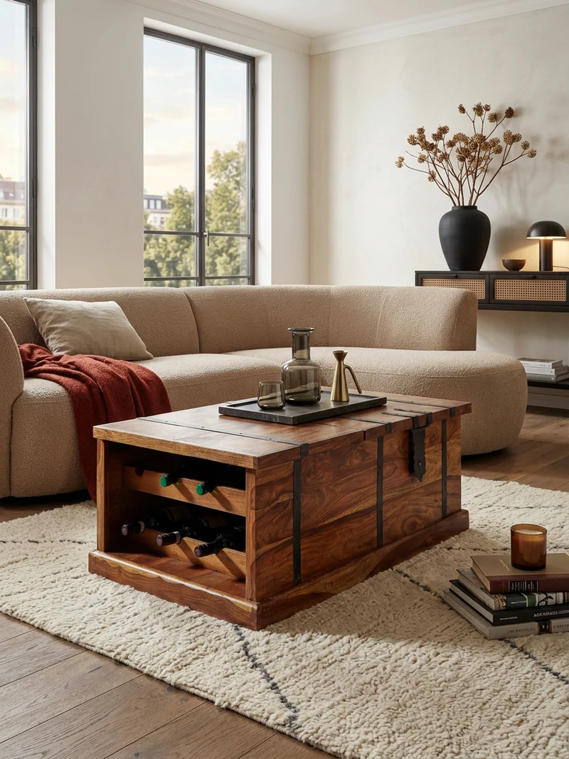 Couchtisch Massivholz mit integriertem Weinregal und Stauraum 100x60x40cm