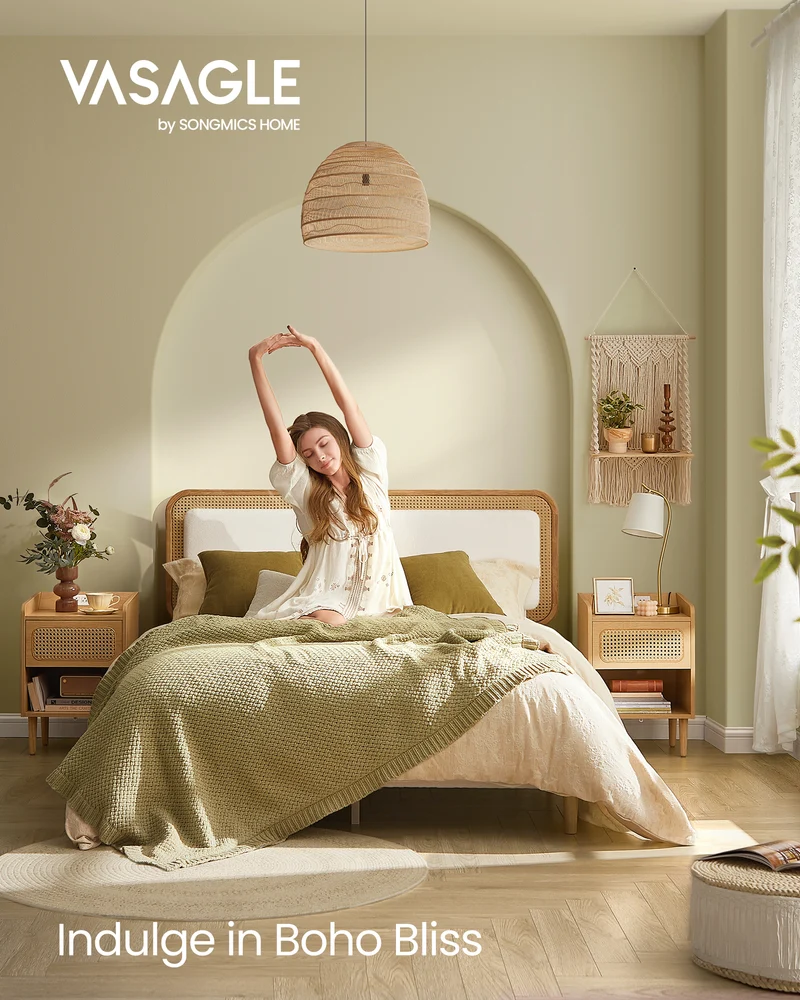 Boho Style Full Size Bed Frame with Adjustable Rattan-Like Headboard - Cloud White and Oak Beige, Boucle Fabric, No Box Spring Needed