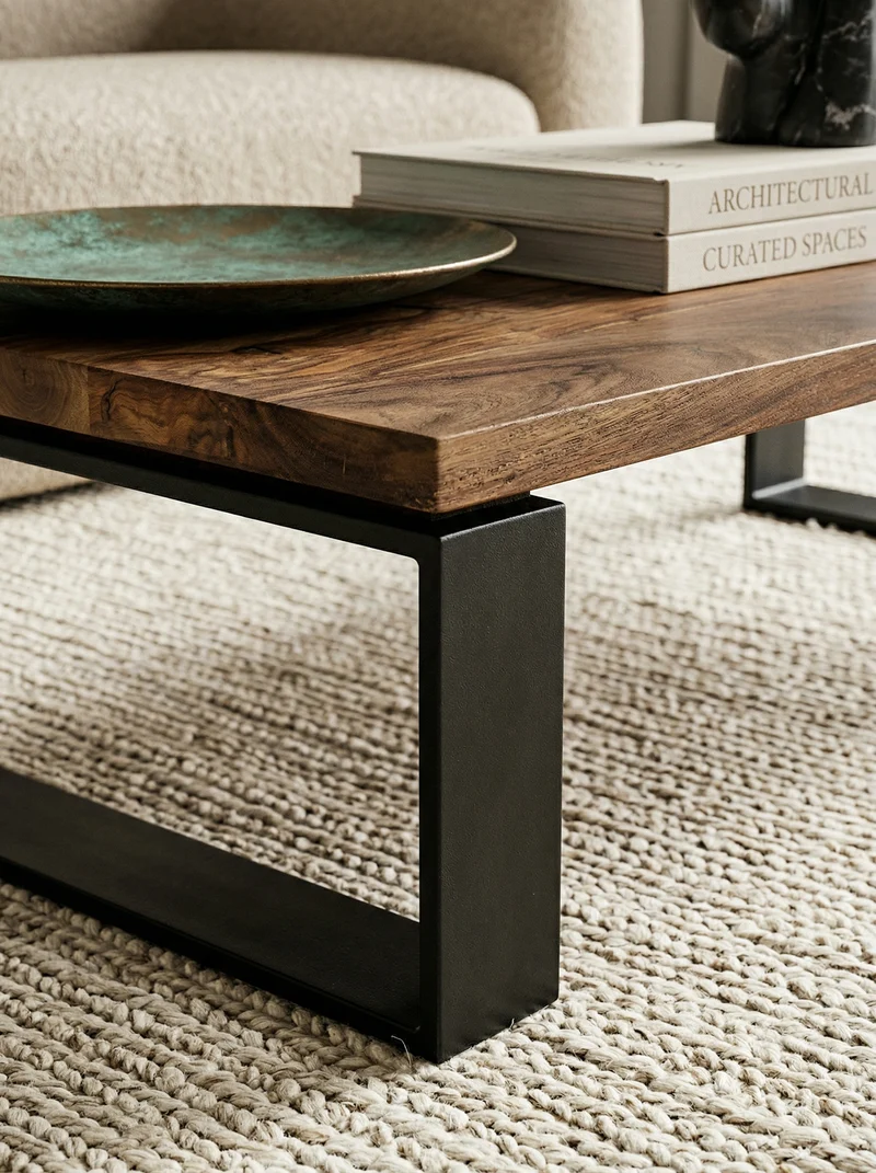 Couchtisch aus Holz und Metall, Industriedesign, Einzigartige Maserung, 115x60x35 cm