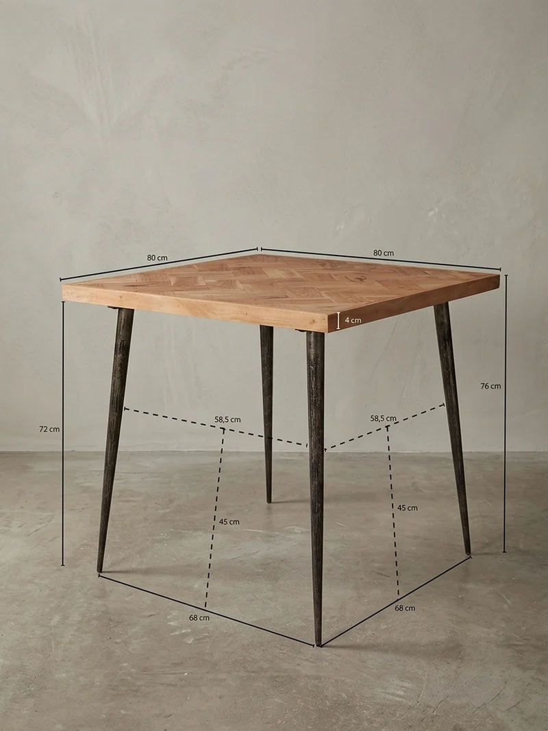 Esszimmertisch – Akazie Fischgrätmuster Metallbeine 80x80 cm Industrial