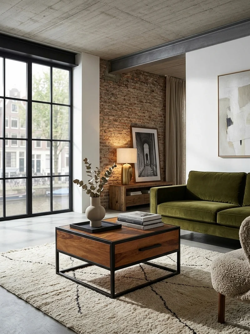 Couchtisch Industriestil, Metall und Holz, mit Schublade, 50 kg Tragkraft