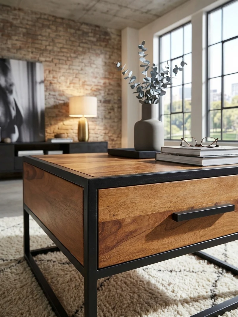 Couchtisch Industriestil, Metall und Holz, mit Schublade, 50 kg Tragkraft