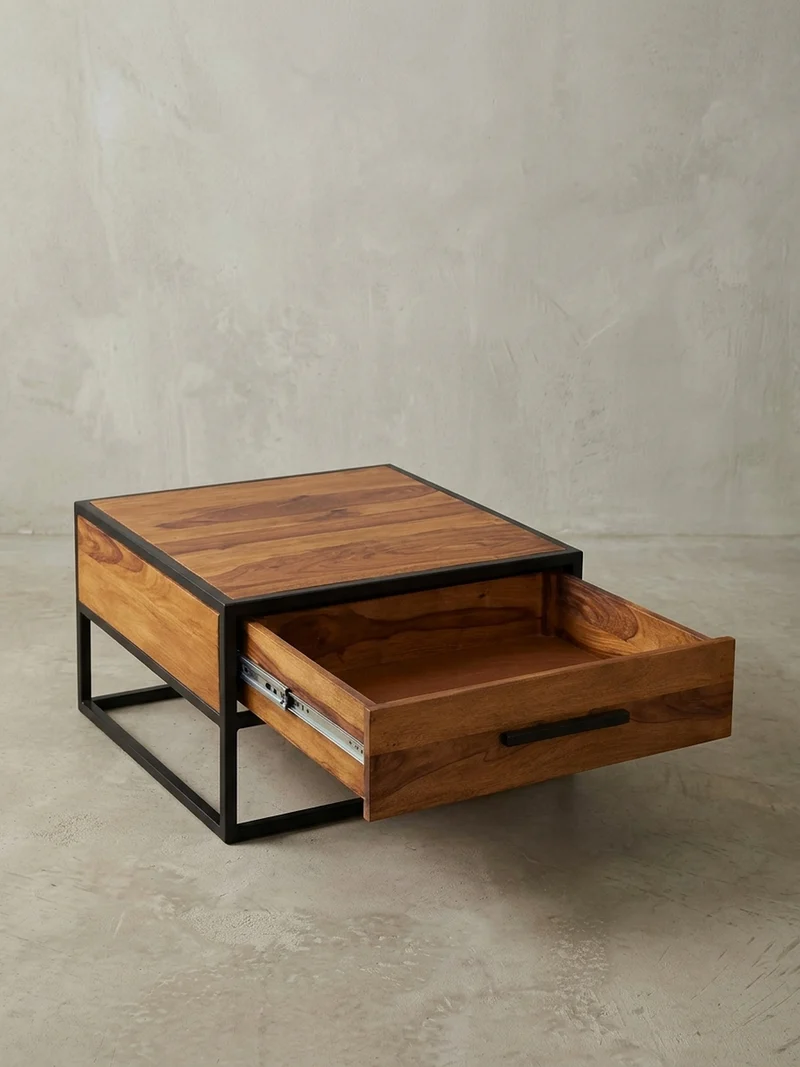 Couchtisch Industriestil, Metall und Holz, mit Schublade, 50 kg Tragkraft